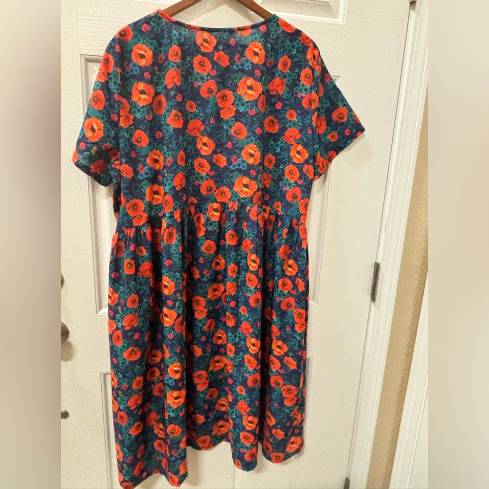 Buykud NWT Designer Floral Short Sleeve Pockets XL Viscose Linen Cotton Dress